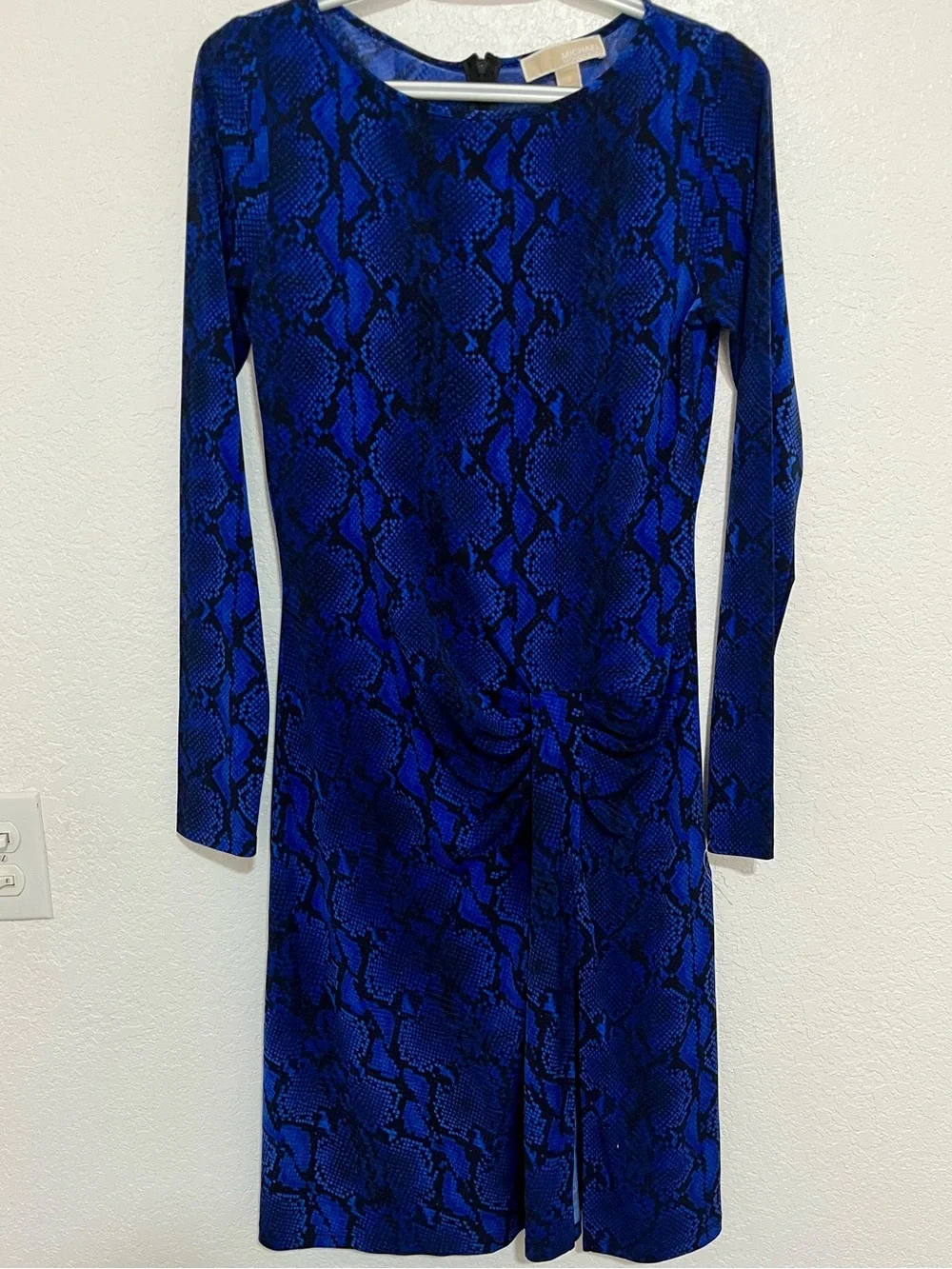Michael Kors Royal Blue Snake-Print Long-Sleeve Ruched Dress size S